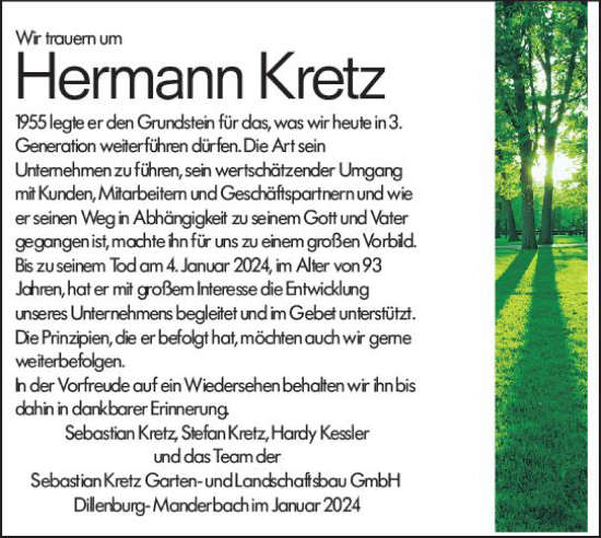 Traueranzeige von Hermann Kretz von Dill Block