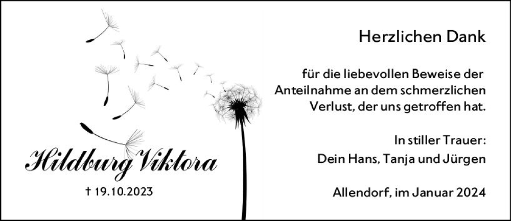  Traueranzeige für Hildburg Viktora vom 06.01.2024 aus Dill Block