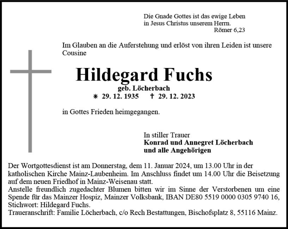  Traueranzeige für Hildegard Fuchs vom 06.01.2024 aus Allgemeine Zeitung Mainz