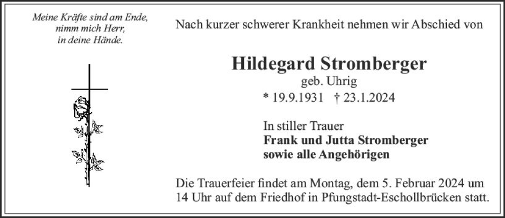 Traueranzeige für Hildegard Stromberger vom 27.01.2024 aus Odenwälder Echo