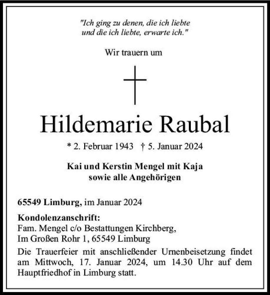  Traueranzeige für Hildemarie Raubal vom 15.01.2024 aus Nassauische Neue Presse