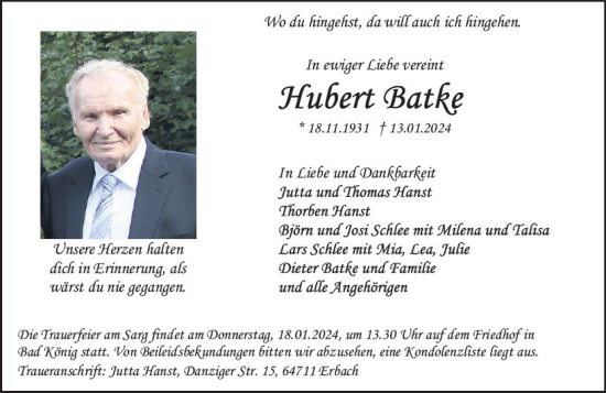 Traueranzeige von Hubert Batke von Odenwälder Echo