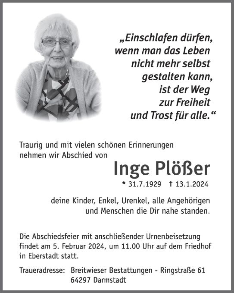  Traueranzeige für Inge Plößer vom 27.01.2024 aus Darmstädter Echo
