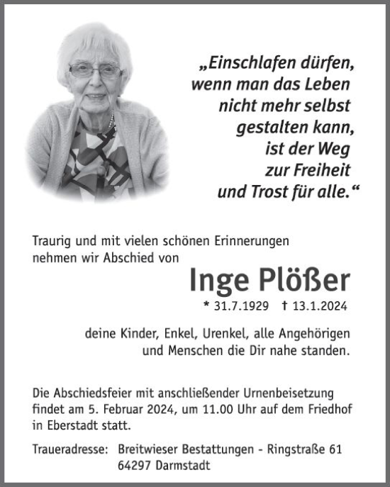 Traueranzeige von Inge Plößer von Darmstädter Echo