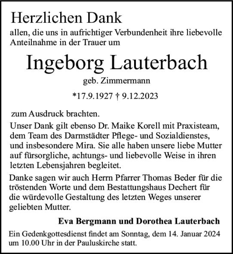  Traueranzeige für Ingeborg Lauterbach vom 06.01.2024 aus Darmstädter Echo