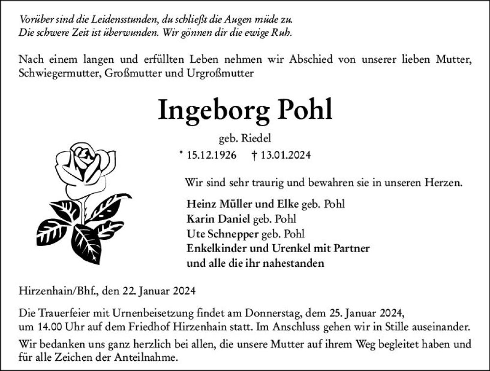  Traueranzeige für Ingeborg Pohl vom 22.01.2024 aus Dill Block