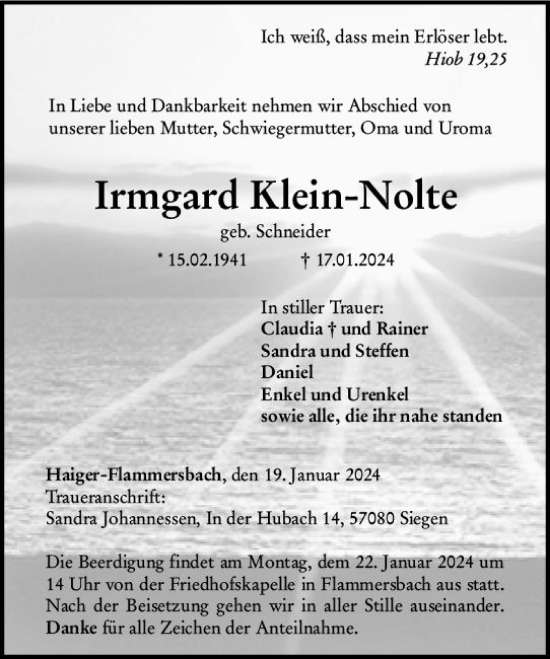 Traueranzeige von Irmgard Klein-Nolte von Dill Block