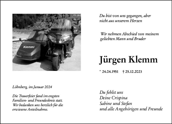 Traueranzeige von Jürgen Klemm von Weilburger Tageblatt