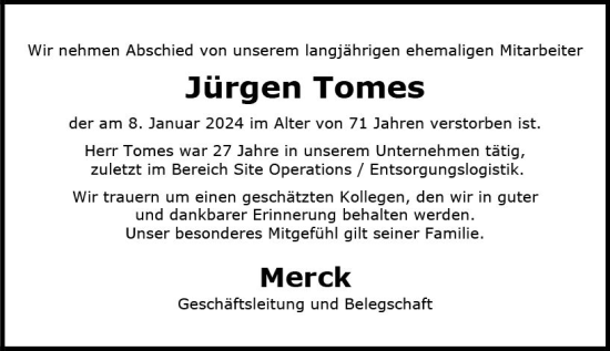 Traueranzeige von Jürgen Tomes von Darmstädter Echo