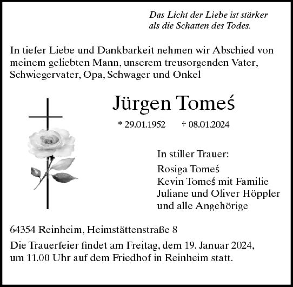  Traueranzeige für Jürgen Tomes vom 13.01.2024 aus Darmstädter Echo