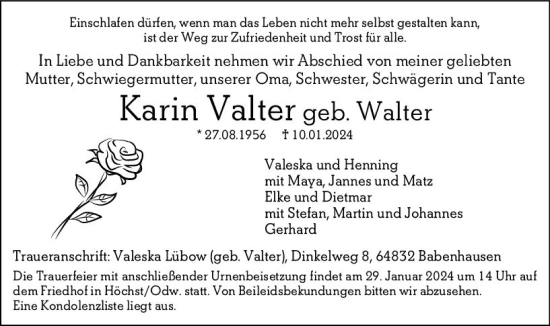 Traueranzeige von Karin Valter von Odenwälder Echo