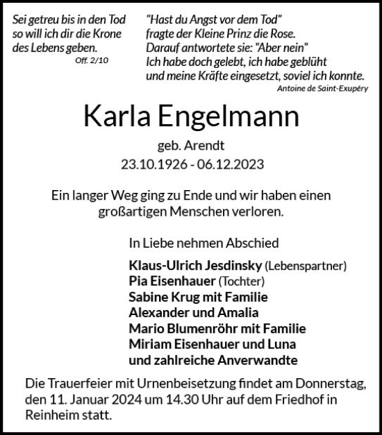 Traueranzeige von Karla Engelmann von Darmstädter Echo