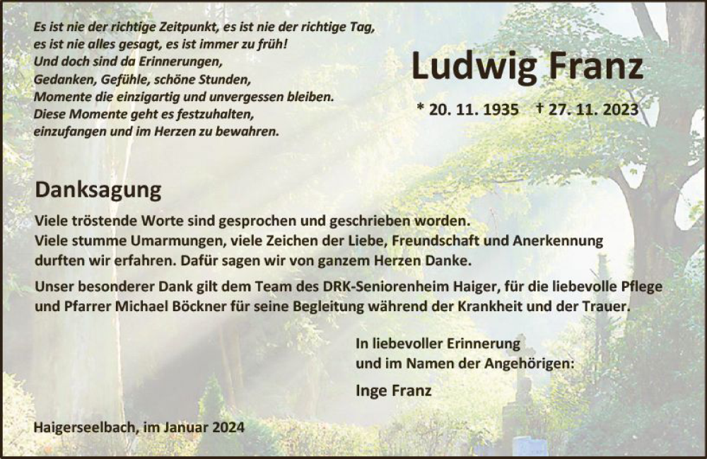  Traueranzeige für Ludwig Franz vom 13.01.2024 aus Dill Block