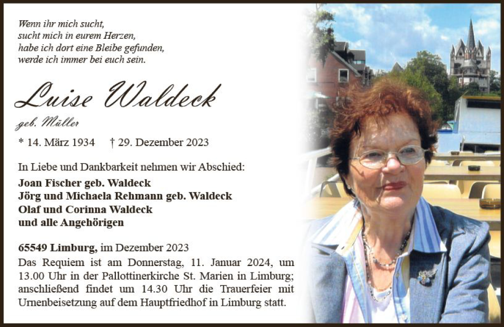  Traueranzeige für Luise Waldeck vom 06.01.2024 aus Nassauische Neue Presse