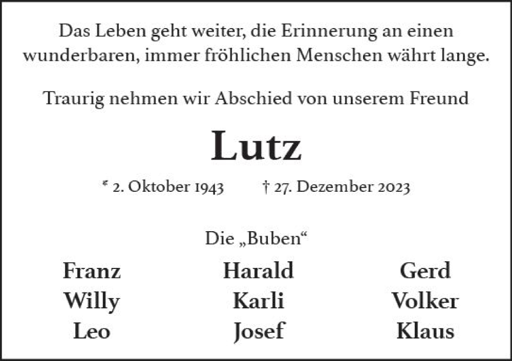  Traueranzeige für Lutz Schwarz vom 06.01.2024 aus Wiesbadener Kurier