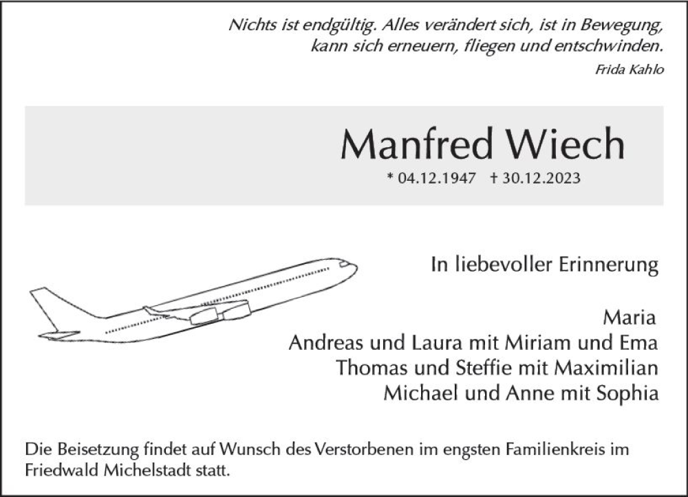  Traueranzeige für Manfred Wiech vom 06.01.2024 aus Odenwälder Echo