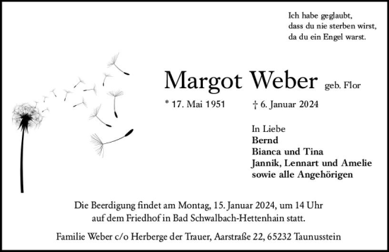Traueranzeige von Margot Weber von Idsteiner Land/Untertaunus