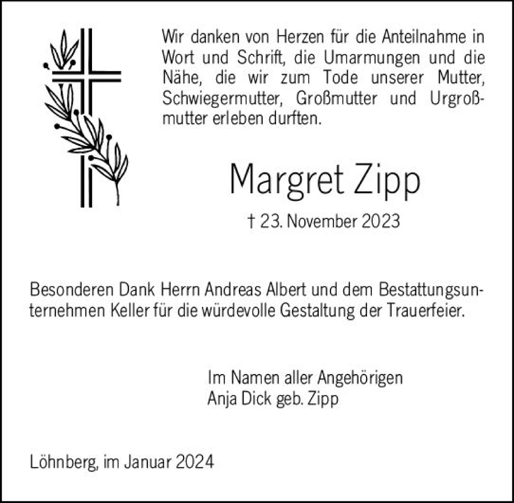  Traueranzeige für Margret Zipp vom 13.01.2024 aus Weilburger Tageblatt