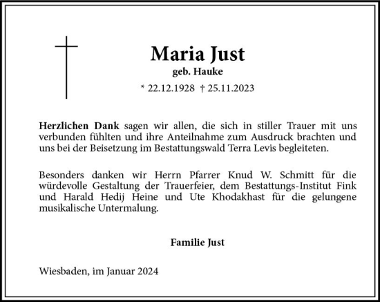 Traueranzeige von Maria Just von Wiesbadener Kurier