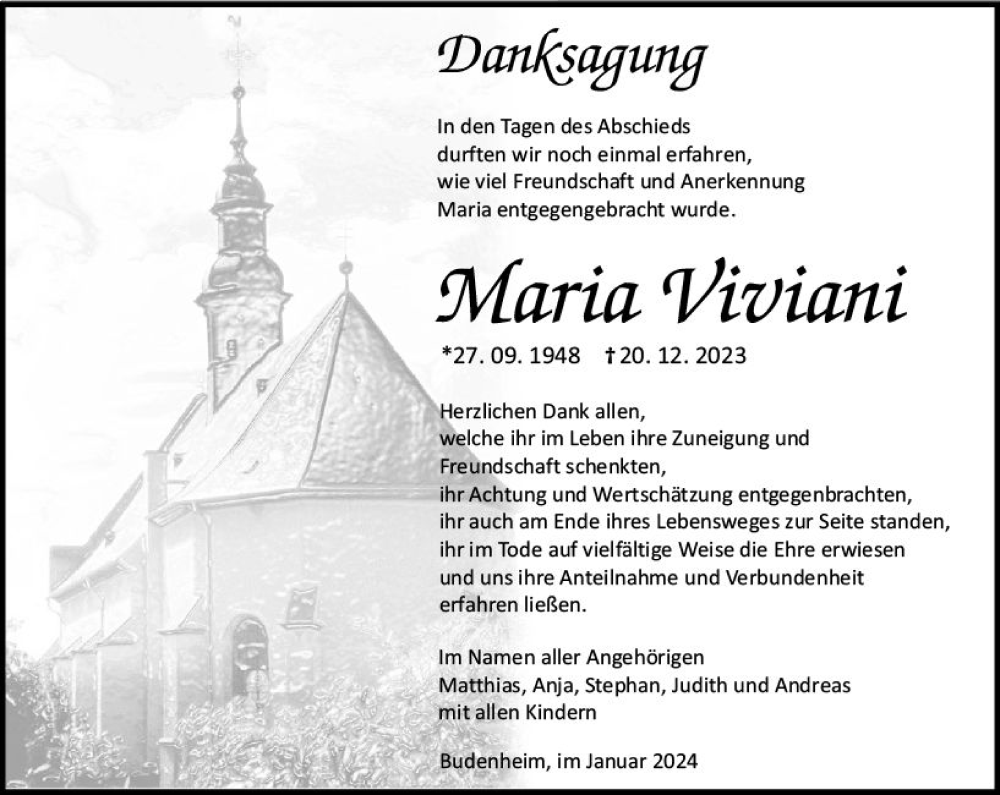  Traueranzeige für Maria Viviani vom 20.01.2024 aus Allgemeine Zeitung Mainz
