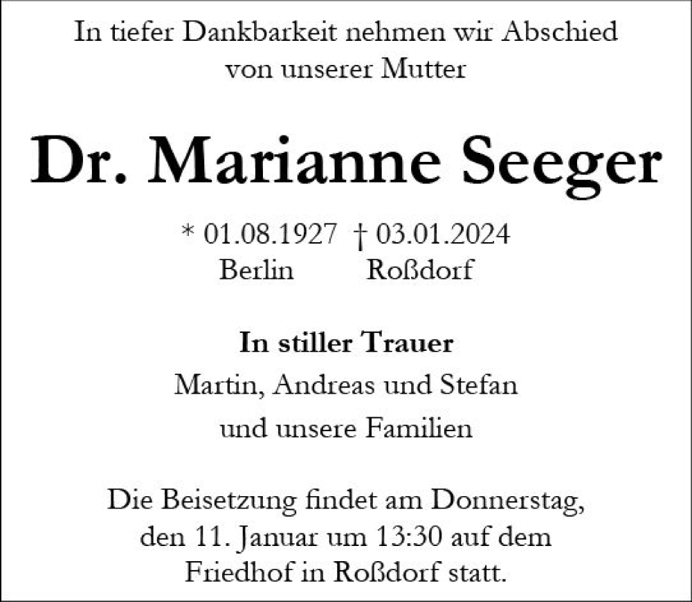  Traueranzeige für Marianne Seeger vom 08.01.2024 aus Darmstädter Echo