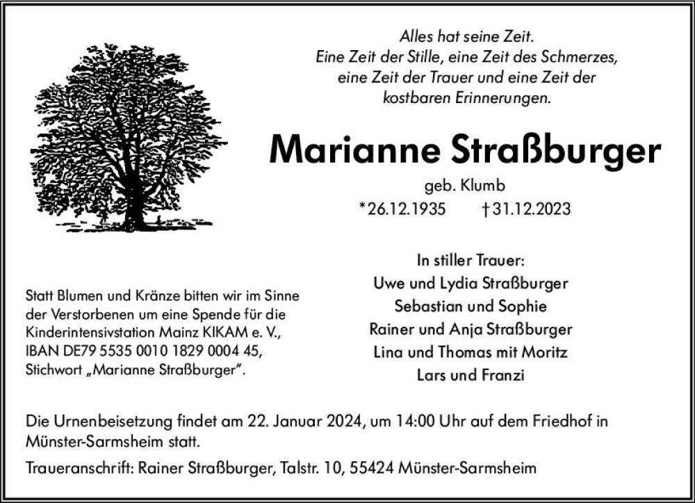  Traueranzeige für Marianne Straßburger vom 13.01.2024 aus Allgemeine Zeitung Bingen/Ingelheim