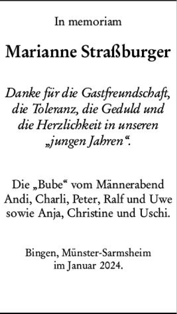  Traueranzeige für Marianne Straßburger vom 13.01.2024 aus Allgemeine Zeitung Bingen/Ingelheim