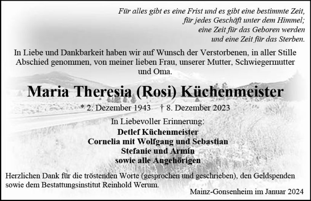  Traueranzeige für Maria Theresia  Küchenmeister vom 06.01.2024 aus Allgemeine Zeitung Mainz