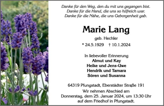 Traueranzeige von Marie Lang von Darmstädter Echo