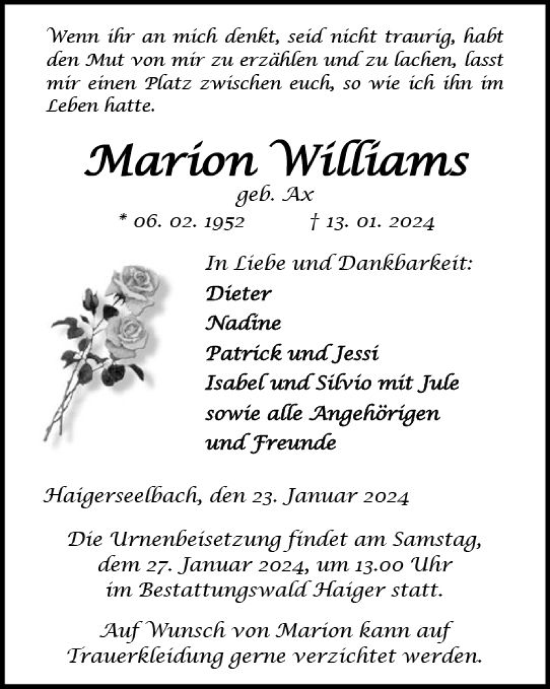 Traueranzeige von Marion Williams von Dill Block
