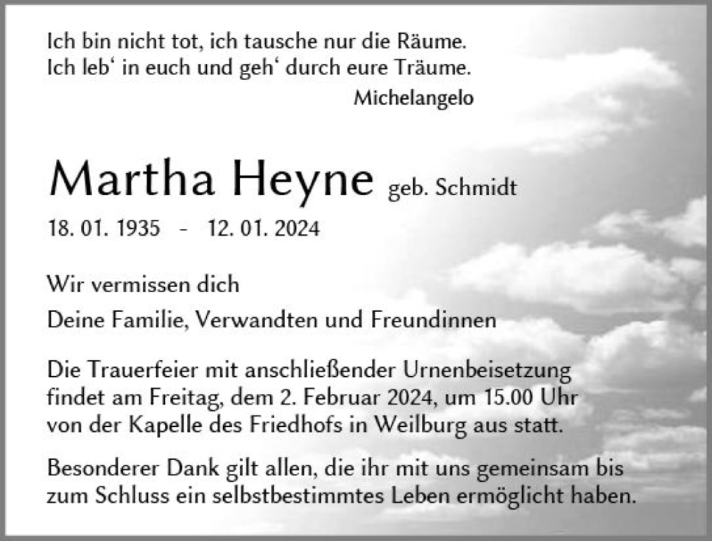  Traueranzeige für Martha Heyne vom 27.01.2024 aus Weilburger Tageblatt