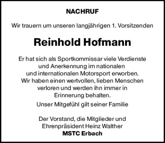 Traueranzeige von Reinhold Hofmann von Odenwälder Echo