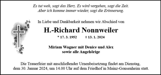 Traueranzeige von Richard Nonnweiler von Allgemeine Zeitung Mainz