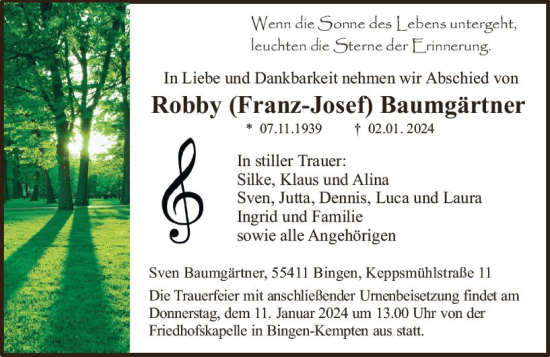 Traueranzeige von Robby  Baumgärtner von Allgemeine Zeitung Bingen/Ingelheim