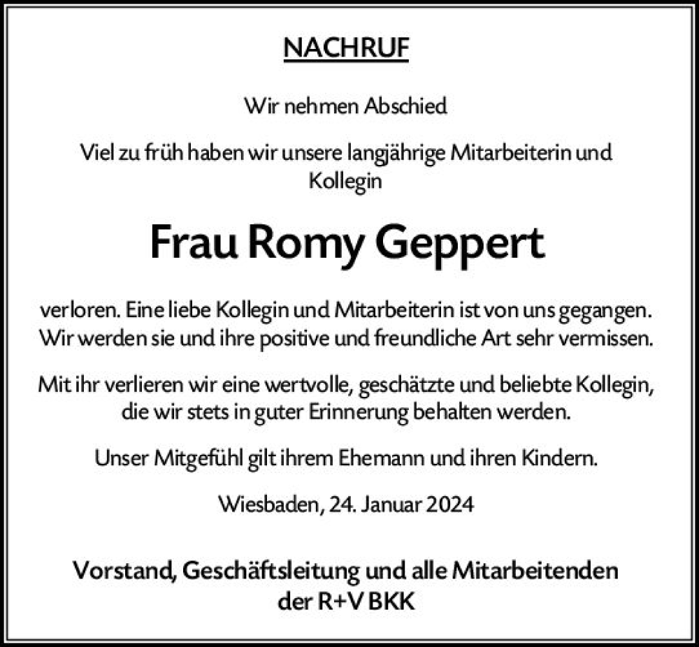  Traueranzeige für Romy Geppert vom 24.01.2024 aus Wiesbadener Kurier