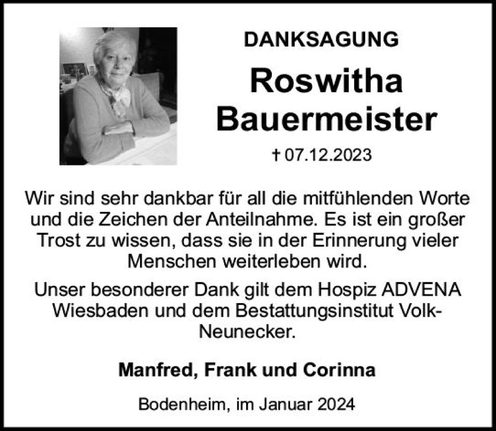  Traueranzeige für Roswitha Bauermeister vom 13.01.2024 aus Allgemeine Zeitung Mainz