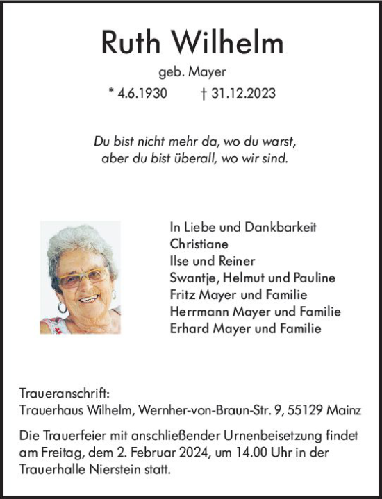 Traueranzeige von Ruth Wilhelm von Allgemeine Zeitung Mainz