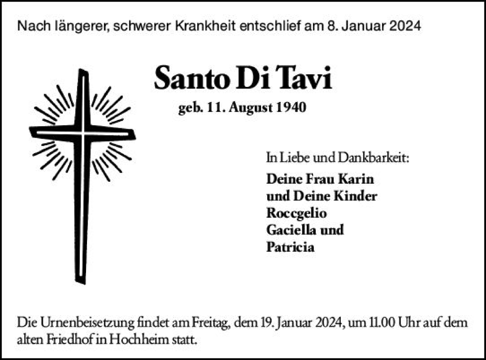  Traueranzeige für Santo Di Tavi vom 12.01.2024 aus Hochheimer Zeitung