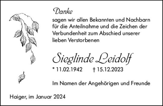 Traueranzeige von Sieglinde Leidolf von Dill Block