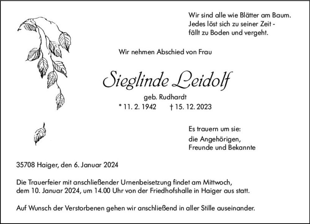  Traueranzeige für Sieglinde Leidolf vom 06.01.2024 aus Dill Block