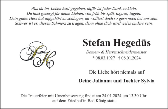 Traueranzeige von Stefan Hegedüs von Odenwälder Echo