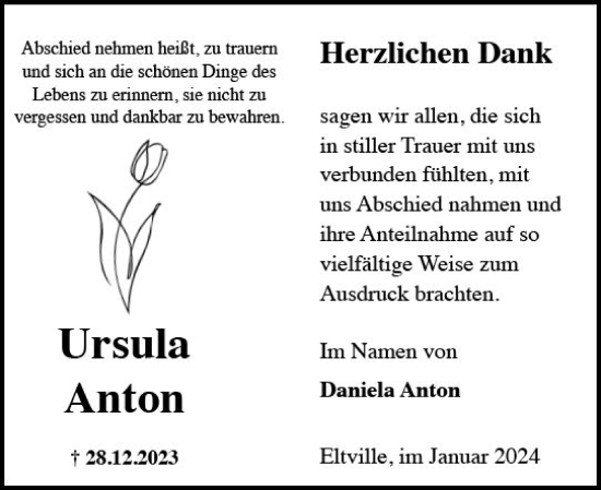 Traueranzeige von Ursula Anton von Wiesbadener Kurier