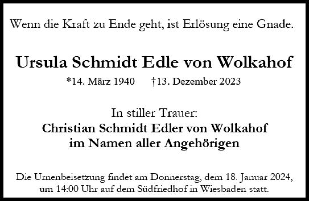  Traueranzeige für Ursula Schmidt Edle von Wolkahof vom 06.01.2024 aus Wiesbadener Kurier