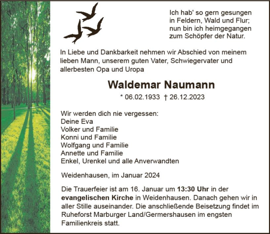 Traueranzeige von Waldemar Naumann von Hinterländer Anzeiger