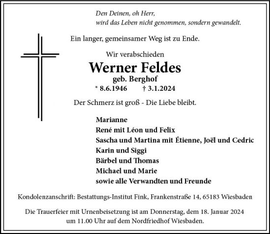 Traueranzeige von Werner Feldes von Wiesbadener Kurier