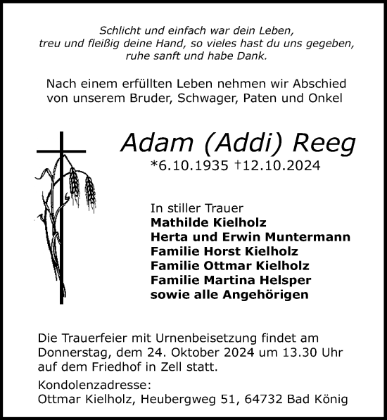 Traueranzeige von Adam Reeg von Odenwälder Echo