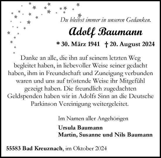 Traueranzeige von Adolf Baumann von Allgemeine Zeitung Rheinhessen-Nahe