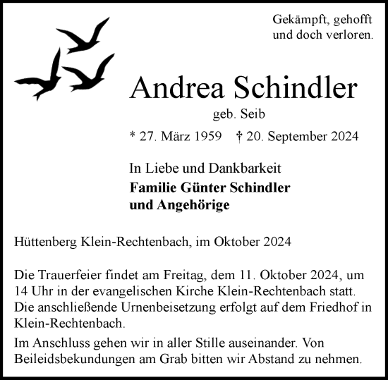 Traueranzeige von Andrea Schindler von Wetzlarer Neue Zeitung