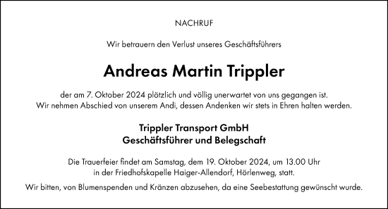 Traueranzeige von Andreas Trippler von Dill Block