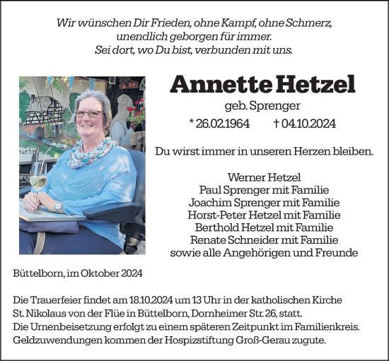 Traueranzeige von Annette Hetzel von Groß-Gerauer Echo
